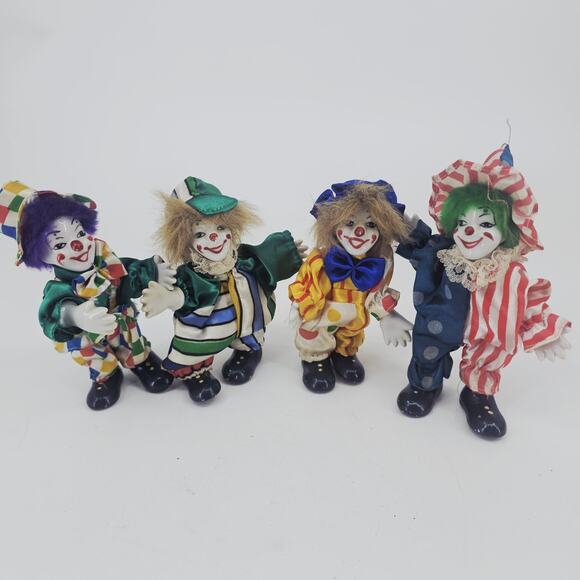 Lot of 4 Vintage Porcelain Clown Dolls Creepy Circus Clown Bendable Limbs - Picture 1 of 10